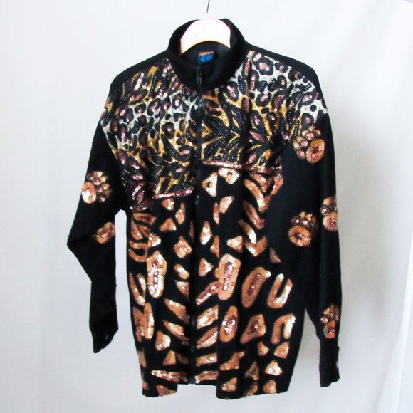 RARE! VINTAGE MODI DENIM SEQUIN JEAN JACKET in Black Animal Print Design M/L - Picture 10 of 11